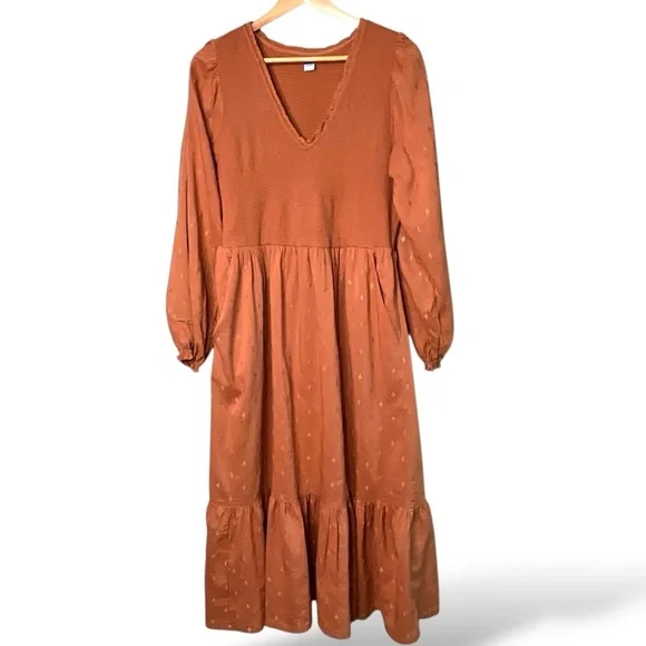 OLD NAVY Cotton Blend Midi Tiered Dress Long Balloon Sleeves Smocked Top Sz L - Picture 3 of 9